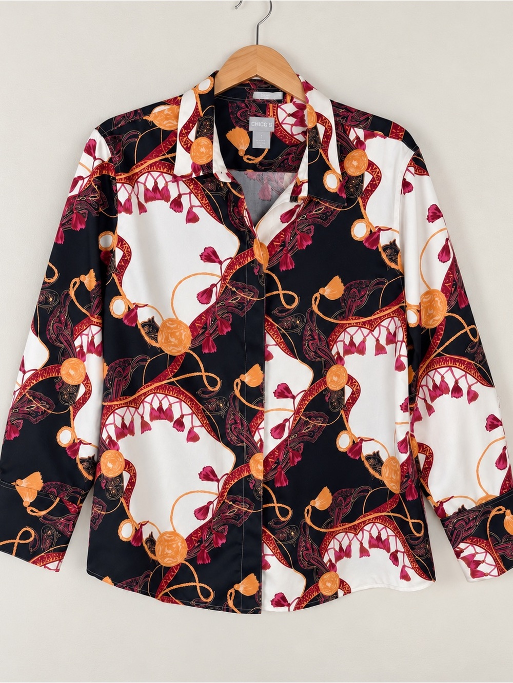Chico’s No-Iron Sateen Status Print Cotton Shirt Tassel Paisley Sz 3 XL